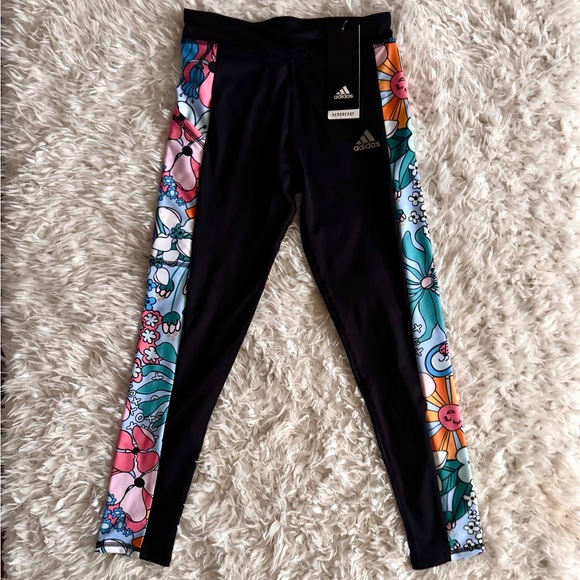 Adidas Kids Black Leggings with Floral Side Panels - Picture 1 of 4